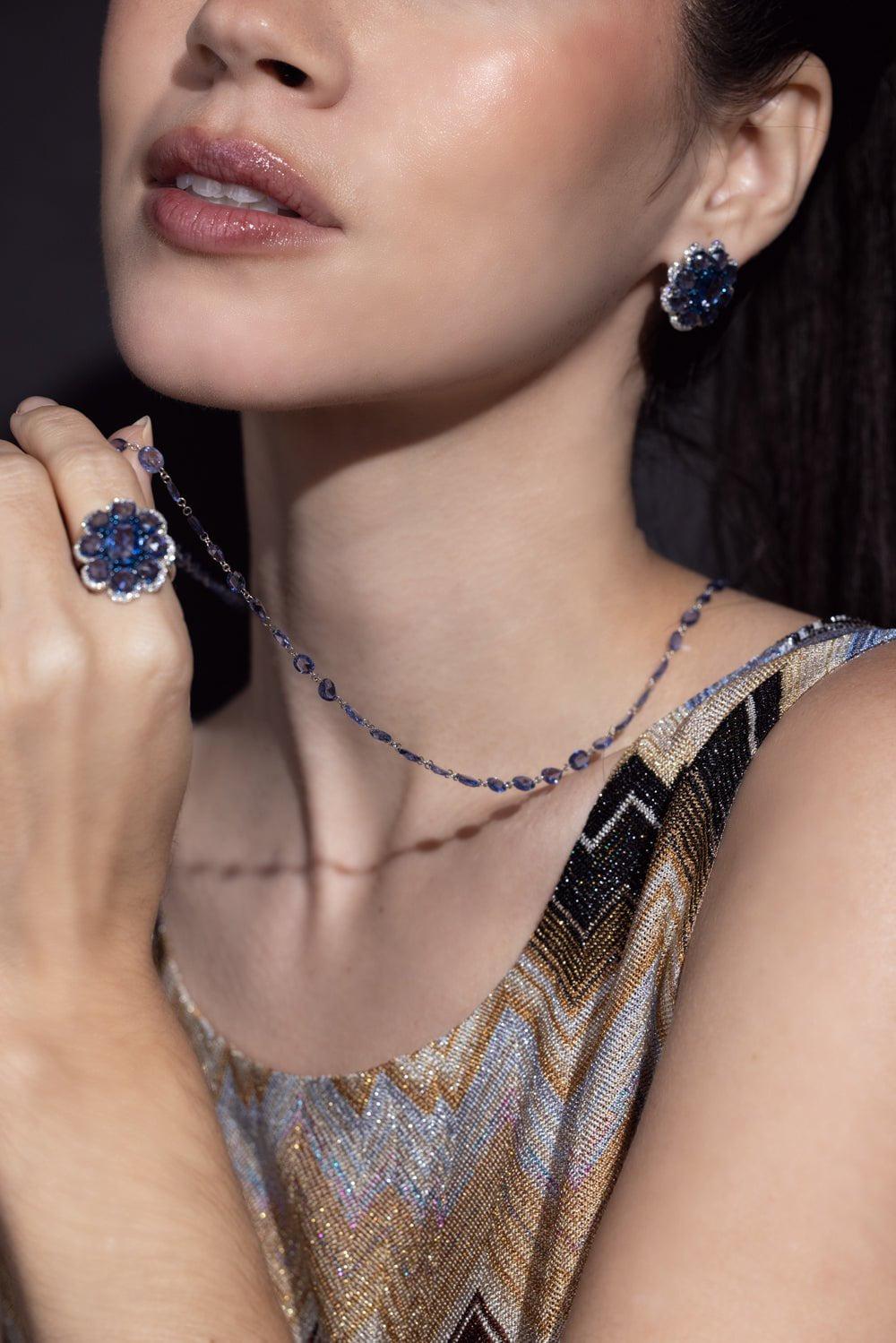 Exquisite 18K White Gold Blue Sapphire and Brilliant Cut Diamond Earrings