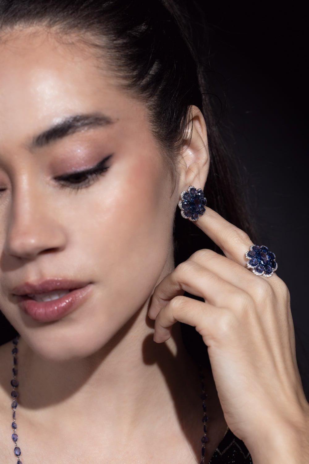 Exquisite 18K White Gold Blue Sapphire and Brilliant Cut Diamond Earrings